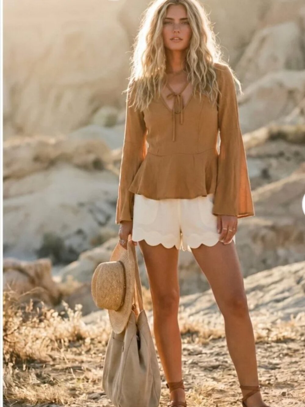 Forever 21 Camel Long Bell Sleeve Peplum Blouse Tie V Neck M